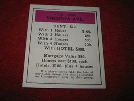 1952 Monopoly Popular Ed. Board Game Piece: Virginia Ave - Title Deed - $1.00