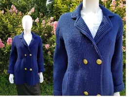 Vintage St. Michael Navy Nautical ribbed double breasted knit cardigan  S/M - £27.69 GBP