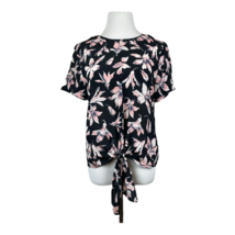 Madewell Top Womens Small Silk Floral Button Back Tie Tee Sheer Black Pink S - £19.51 GBP