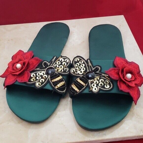 Primary image for Unusual Green Slip Ons with Bee and Red Flower - Size 10
