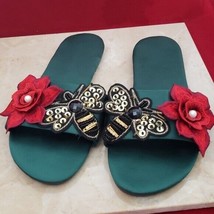 Unusual Green Slip Ons with Bee and Red Flower - Size 10 - £15.92 GBP