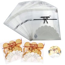 200Pcs Self Adhesive Cookie Bags,5.9X5.9 Inch Lovely Lace Bowknot Clear ... - £13.38 GBP