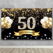 50Th Wedding Anniversary Decorations, Black Gold 50Th Anniversary Banner Backdro - £22.51 GBP