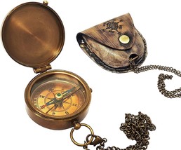 New Antique Store Brass Compass Nautical Pocket Backpacking Leather Case Vintage - £28.30 GBP