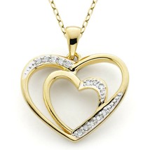 14k Yellow Gold Over 0.15ct Round Diamond Love Double Heart Pendant 18&quot; Chain - £62.74 GBP