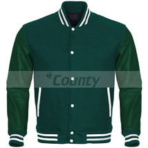 New Varsity Letterman Bomber Baseball Jacket Green Body Green Leather Sl... - £75.40 GBP