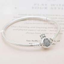 925 Sterling Silver Moments Crown O Clasp Snake Chain Charm Bracelet - £22.77 GBP