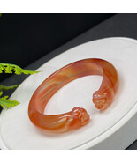 Gradient Orange Agate Open Bangle 60MM Icy Translucent Hand Carved Cat's... - $166.99