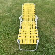 Vintage Aluminum Webbed Chaise Lounge Folding Reclining Lawn Chair Yellow - $74.25