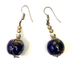 Painted Ceramic Ball Bead Dangle Drop Earrings Blue with Leaves - £6.24 GBP