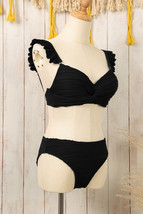 Black Wavy Textured Ruffled Straps Twist Bikini Swimsuit - $14.99