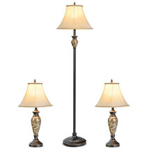 3-Piece Table and Floor Lamp Set with Linen Fabric Lamp Shades - Color: Beige - $3,156.60 MXN