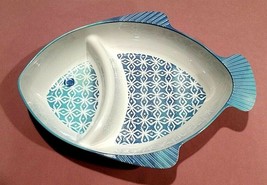 COASTAL 16&quot; Divided Blue &amp; White Fish Shaped Bowl Textured Bottom Fins~Melamine - £11.07 GBP