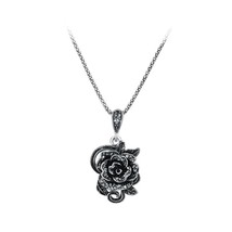 Charm Black Stone Crystal Flower Necklace For Women Tibetan Silver Resin Long Pe - £7.13 GBP