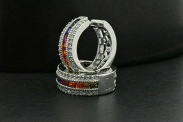 Multi Color Rainbow Princess Cut Sapphire Channel Set Hoop Earrings 925 Silver - £79.37 GBP