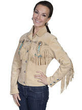 Women Western Beige Color Suede Leather Fringed Bone Bead Patches Concho Jacket - £140.99 GBP