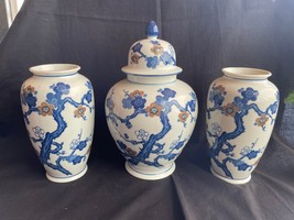 set of 3 Fine Antique Chinese Blue white Prunus Blossom Bottle Mantle Vases - £152.19 GBP