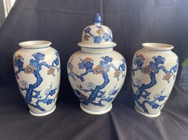 set of 3 Fine Antique Chinese Blue white Prunus Blossom Bottle Mantle Vases - £149.57 GBP