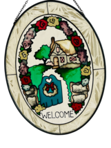 Stained Glass Welcome Sign Suncatcher vtg oval Cottage Home mobile antiq... - £55.15 GBP