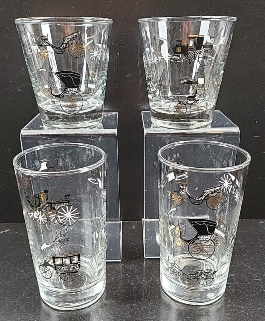 4 Pc Libbey Stagecoach Tumblers Set Vintage Clear Horse Carriage Buggies... - $29.67
