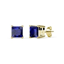 0.80 Ct Princess Cut Blue Sapphire Women&#39;s Stud Earrings 14k Yellow Gold Finish  - £71.57 GBP