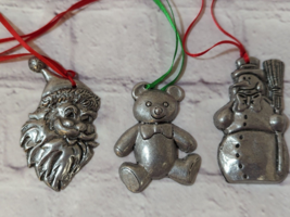 Vintage pewter Christmas ornaments Santa Snowman Teddy bear lot of 3 - £12.21 GBP