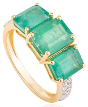 Genuine 4.14 CTW Three Stone Emerald Ring in 18k Solid Yellow Gold  - £1,199.52 GBP