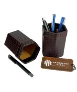 Brown Leather Hexagon Pen Holder: Modern Desk Organizer - $1,884.93 MXN