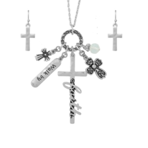WALK BY FAITH Multi Charm Pendant Necklace and Earrings Set White Gold - £11.87 GBP