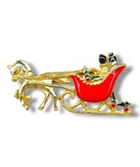 Vintage Santa Sleigh Brooch Red Multicolor Enamel Gold Toned Pin Christmas - £10.20 GBP