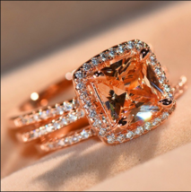 2.50Ct Princess Cut Morganite Halo Engagement Trio Ring set 14K Rose Gold Finish - £83.47 GBP