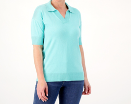 Denim &amp; Co. Polo Collar Drop Shoulder Elbow-Sleeve Sweater-  Pale Aqua, ... - £20.73 GBP