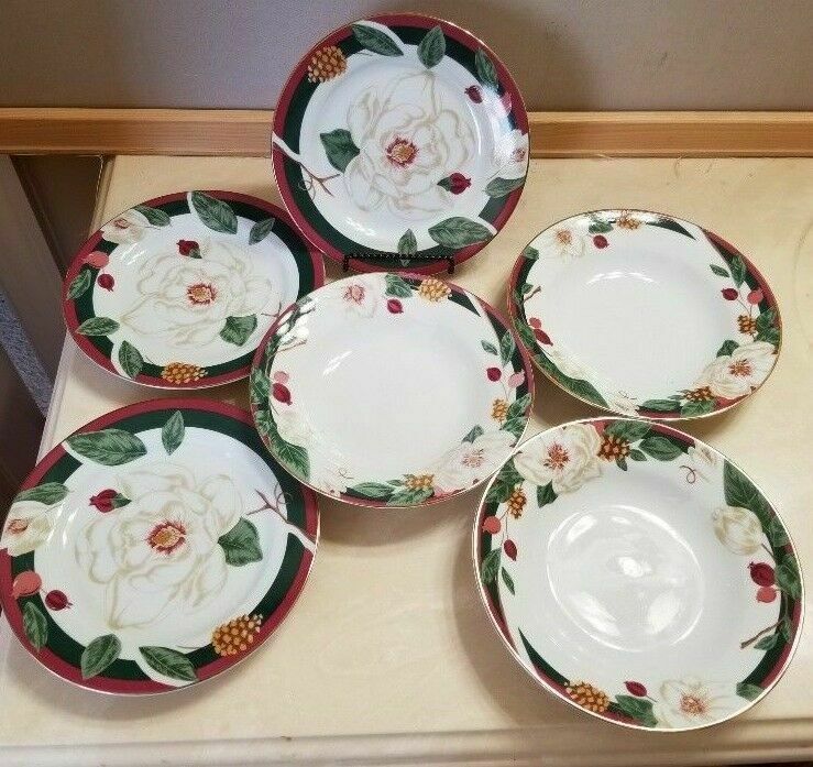 Tienshan Fine China Christmas Magnolia Flowers 3 Salad Plates and 3 Bowls FS - $39.59