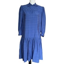 Vintage 80s Dress Drop Waist Collar Puff Sleeve Blue 3/4 Sleeve Windowpa... - £27.65 GBP