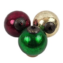 Vintage Glass Christmas Ornaments Set Of 3 Red Green Gold Crackle Finish - $44.55