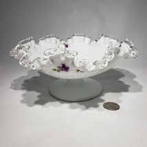 Fenton Silver Crest Violets in Snow White Milk Glass Pedestal Compote 8.5x3.5&quot; - £36.41 GBP
