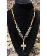 Handmade Semi Precious Natural Quartz 18” Cross Necklace w multi color b... - $19.75