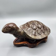 Bamboo Jasper Hand Carved Turtle Figurine w/ Wood Base Heavy Stone Statue - £224.27 GBP