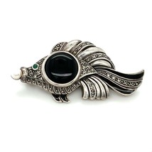 Vintage Signed Sterling Art Deco Aquatic Fish Onyx Marcasite Stone Brooch Pin - £46.93 GBP