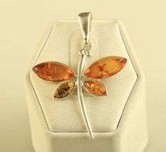 Vintage Sterling Silver 925 Large Butterfly with Gold Amber Gemstones Pendant - £35.60 GBP