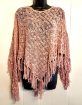 Pastel Pink Knubby Knit Poncho Y2K Retro Triangle Shape Tassel Fringe on... - $19.73