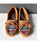 Minnetonka Kilty Moccasin Brown Suede Leather Arizona Fabric Trim-Women&#39;... - $51.90 CAD