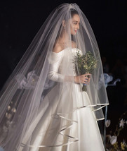 Cathedral Length Wedding Bridal Veil Full Edge Tulle White Veils Wedding Photo 