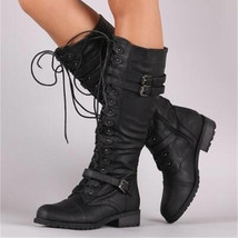 Women Knee high Boots Autumn Winter Lace Up Flat Shoes Sexy Steampunk PU Retro B - £39.11 GBP