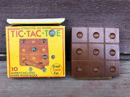 Vintage All Wood Tic Tac Toe Travel Set w Orig Box &amp; Marbles  - £11.80 GBP