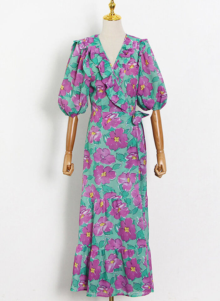 Women's Designer Puffy Sleeve Ruffled V-neck Floral Print Wrap Dress AUS STOCK Item image 2