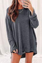 Gray Waffle Knit High Slits Oversized Top - £18.11 GBP