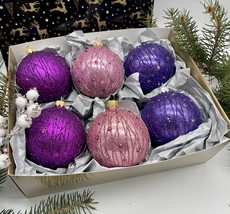 Set of pink,blue and purple XMAS glass balls, hand painted ornaments - £41.80 GBP
