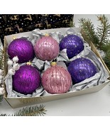 Set of pink,blue and purple XMAS glass balls, hand painted ornaments - £42.03 GBP