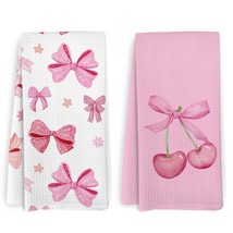 Pink Cherry Bow Kitchen Towels And Dishcloths Set Of 2, Preppy Cherry Bathroom D - £18.36 GBP